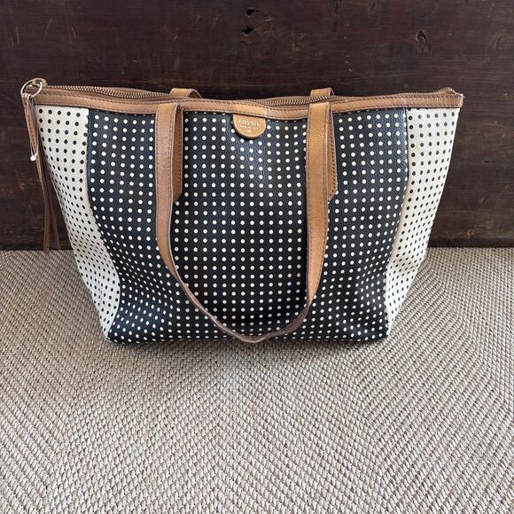 Fossil Polka Dot Tote Bag Purse Black And Cream Leather Shoulder Shopper - Picture 1 of 16